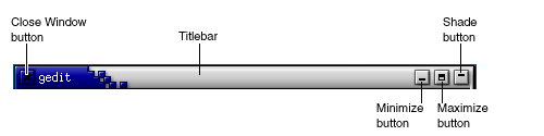 Titlebar in Crux style, focused. Close button in
	    the left side, minimize, maximize, and shade buttons on
	    the right. 